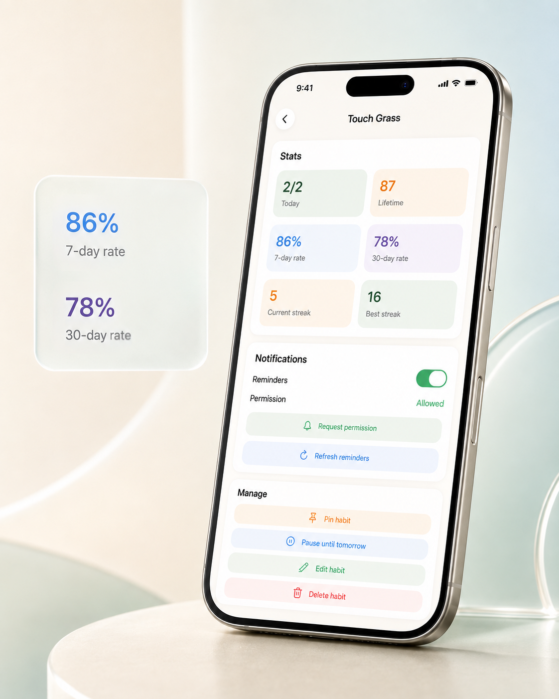 Loop Touch Grass progress screen in a studio mockup, showing 7-day and 30-day completion rates